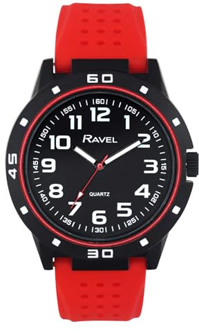 Ravel - Sportuhr für Herren mit schwarzem Gehäuse und farblich abgestimmter Lünette auf sportlichem Silikonarmband - Analoges Quarzwerk - RS004.10 - Rot