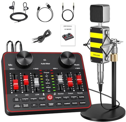 Podcast Equipment Bundle, Audio Interface with Cardioid Designer BM800 Mic for Gamer and All-in-One DJ Mixer, Perfect for Live Streaming, Singing, YouTube, Gaming