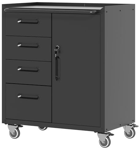 BIZOEIRON Werkzeugschrank, Metallschrank mit Rädern, Garagenschrank mit 1 Tür und 4 Schubladen, Rollender Werkstattschrank, Montage Erforderlich, Schwarz