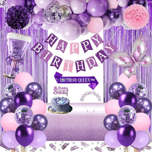 Decoration Anniversaire Violet Rose Ballons Décorations Kit Banderole Joyeux Anniversaire Pom Poms Echarpe Couronne Deco Rideau Nappe Couronne pour Fille Femme