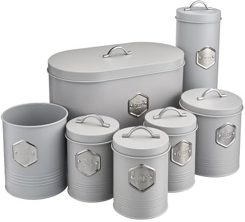 Cooks Professional 7 Piece Tea Coffee Sugar Bread Biscuit Pasta & Utensil Cannister Set | Labelled Storage Containers Tins with Airtight Lids for Kitchen Accessories & Essentials | Grey & Silver