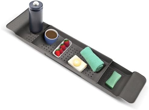 ADEPTNA Adjustable Bathtub Caddy Tray Expandable Bath Rack Tray Retractable Bathroom Shelf with Drain Holes Multipurpose Holder for Wine Glass Book Tablet Candle Bathroom Kitchen Accessories (GREY)