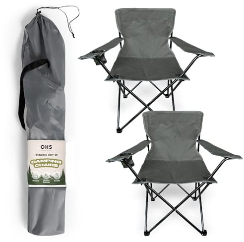 OHS Camping Chairs Set of 2, High Back Outdoor Lightweight Compact Foldable Picnic Festival Garden Chairs for Adults with Drinks Cup Holder, Charcoal Grey
