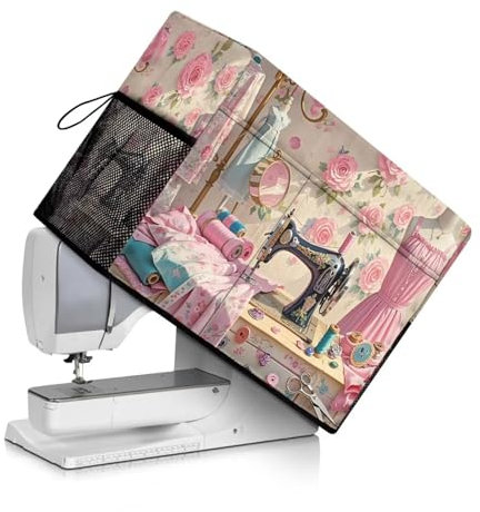Urndoeng Sewing Theme Sewing Machine Cover with Storage Pocket, 45 x 22 x 32 cm, Heavy-Duty Water-Resistant Fabric, Dust & Pet Hair Protection, Fits Brother, Singer, Janome