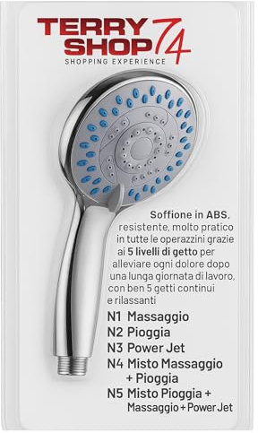 Soffione Doccia Multigetto 5 Funzioni in ABS Cromato – Massaggio, Pioggia, Power Jet – Universale Anticalcare, Facile da Installare, Getto Regolabile Rilassante per Spalle e Schiena