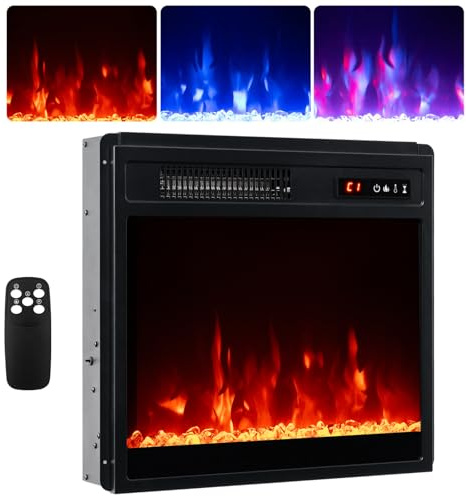 GiantexUK Recessed Electric Fireplace, Insert Electric Fire Heater with Flame Colors, Brightness, Thermostat, Timer, Remote & Overheat Protection (750W/1500W, 20’’, with Crystal)