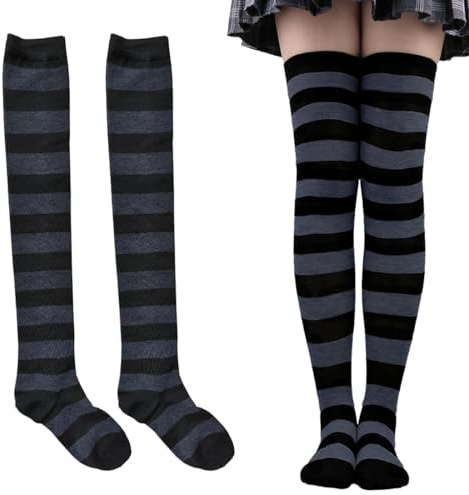 COYUN 1 Paires Chaussettes Hautes Rayées, Chaussettes longues en tricot, Femme Chaussette Haute Bas à Rayures Au-Dessus Du Genou pour Fête d'Halloween, Carnaval, Cosplay, costume, Noir et gris