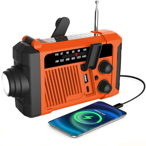 Wind Up Emergency Radio, Hand Crank Solar FM AM Radios, 6600mWh USB C Phone Charger, LED Flashlight & Reading Lamp for Indoor Outoor, Battery Powered Transist Radios with SOS Alarm (Orange)