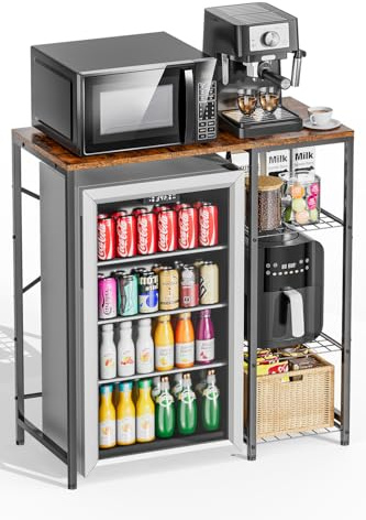 EnigmaSoul Mini Fridge Stand with Storage Shelves, 3-Tier Microwave Stand, Coffee Bar Bakers Rack, Small Refrigerator Cabinet Organizer Table for Dorm Apartment Kitchen Office, Rustic Brown