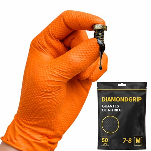 AFA Prime 50XGuantes Doble Diamantado Desechables Nitrilo Naranja– Profesionales hasta 10,4 gramos Triple Resistencia | Guantes Trabajo para Taller, Industria, Limpieza y Hogar | M