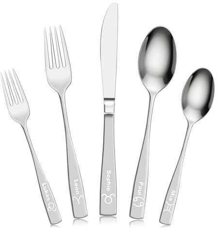Personalisierbares Besteck mit Gravur für Erwachsene – 5-teiliges Edelstahl Set mit Name & Sternzeichen, Spülmaschinenfest, passendes Geschenk für Geburtstag, Hochzeit & Einzug