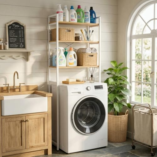 Teodute 3-Tier Over Washing Machine Shelf, 69x181x30cm, White | Freestanding Over-Toilet Storage Unit Space Saver, Sturdy Metal Frame and X-Shaped Fixed Design for Laundry & Bathroom