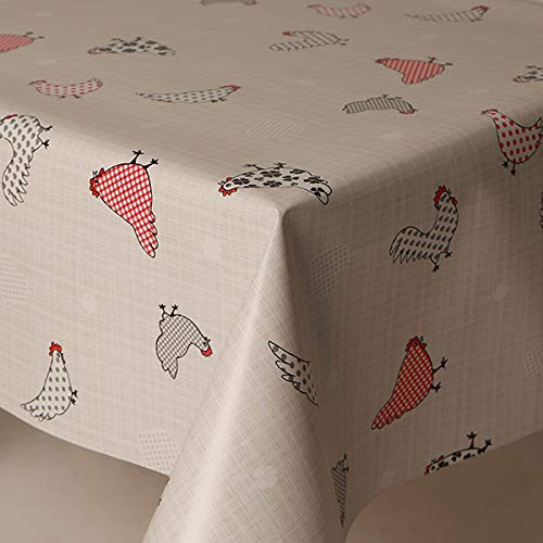 Kitchenwise PVC Tablecloth Chicken 2 Metres (200cm x 140cm), Polka Dot Spots Checks Hearts Floral, Red Grey Beige Slate, Wipe Clean Vinyl/Plastic Table Cloth