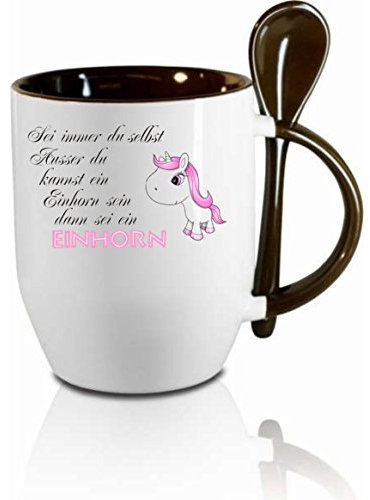 Tasse m. Löffel Sei immer du selbst ausser du kannst ein Einhorn sein... Löffeltasse, Kaffeetasse mit Motiv,Bürotasse, bedruckte Tasse mit Sprüchen oder Bildern