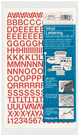 Chartpak Self-Adhesive Vinyl Capital Letters and Numbers, 1/2 Inches High, Red, 201 per Pack (01012)