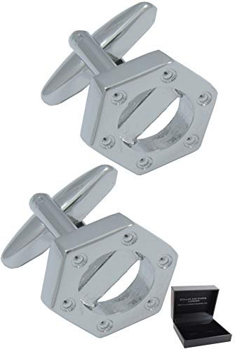 Cufflinks for Men + Presentation Box - Fun - Hexagonal Nut - Solid Brass Metal - Builders DIY Architect Engineer Construction - Silver Colour - One Pair