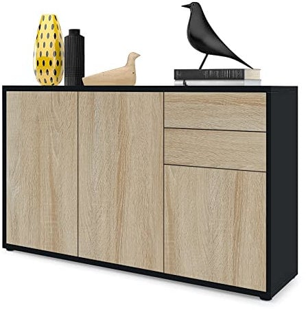 Vladon Sideboard Ben V3, Kommode mit 3 Türen und 2 Schubladen, Schwarz matt/Eiche Sägegrau (117 x 74 x 36 cm)