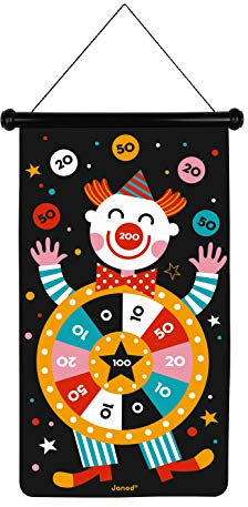 Janod - Magnetisches Dartspiel mit Zirkus-Motiv, doppelseitig, Geschicklichkeitsspiel, zum Erlernen von Agilität und Konzentration, 6 Pfeile, ab 4 Jahren, J02074
