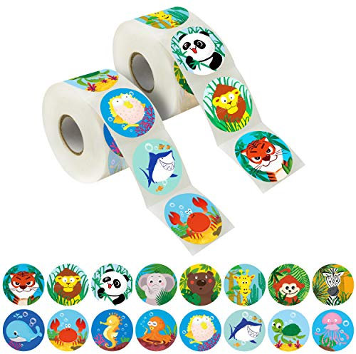 600 runde Sticker mit Zootieren und Meereslebewesen, 16 Designs mit Perforationslinien für Kinderpartys (im Vorteilspack, alle mit einem Durchmesser von je 3.8 cm)