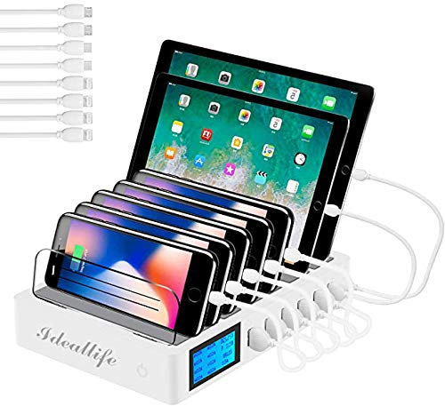 Ladestation für mehrere Geräte für 7 Anschlüsse Mit 7 kurzen Kabeln, Ladestation Multi-Geräte Aufladestation,70W QC3.0 Desktop-Dockingstation, kompatibel mit iPhone iPad Samsung Smartphones