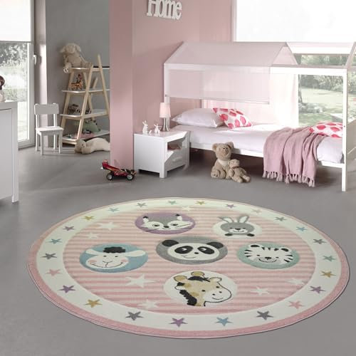 Teppich-Traum Kinderteppich Tiere Kinderzimmerteppich Zoo Tiere in rosa Creme Größe 160 cm Rund