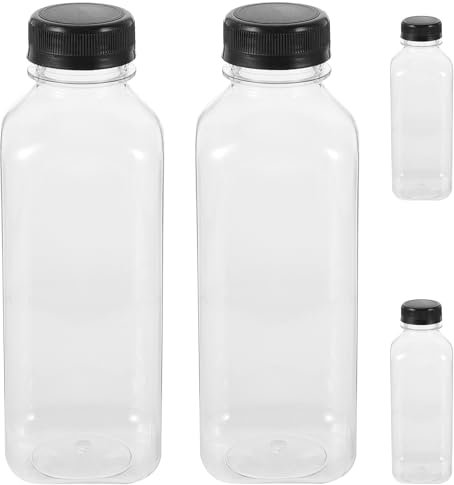 ULTECHNOVO 4 Pack 500ml Plastic Juice Bottles with Black Cap, Clear Reusable Containers with Lids, Great Disposable Bottles for Making Juice, Milk, Salad Dressing, Smoothie and Other Beverages