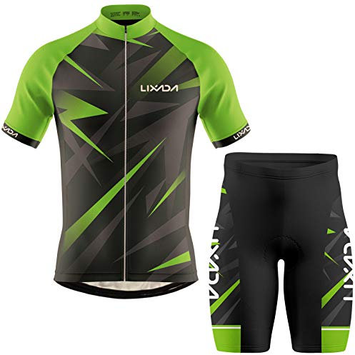 Lixada Men Cycling Jersey Breathable Short Sleeve Bike Shirt and Padded Shorts MTB Bicycle Clothing Suit(Green,M)