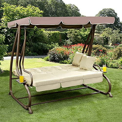 GSD 3 Seater Swing Chair Garden Outdoor Patio Hammock Seat Bench Luxury + 2 Free Pillows Grey (Brown)