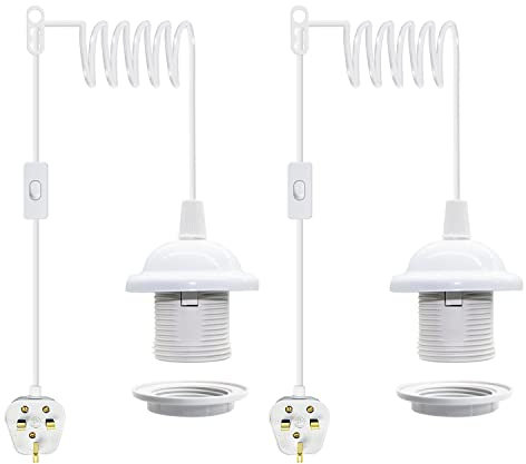 Plug in Pendant Light Cord 2 Pack E27 Pendant Light Fitting with Plug 15FT Extension Cable Hanging Light Plug in Pendant Light Socket Kit for Garage Outdoor Lighting (No Bulb)