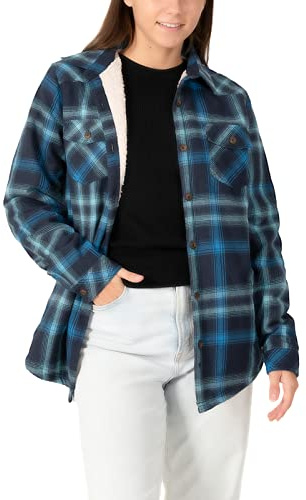 ZENTHACE Damen-Sherpa-Fleece-Futterte Plaid-Flannel-Jacke, Knopfverschluss-Flannel-Hemdjacke (Vollständige Sherpa-Futterung)