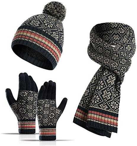 Fulidngzg Mütze Schal und Handschuh Set Damen mit Bommel Sportmütze Laufmütze Strickmütze Baumwolle Feinstrick Skimütze Thermomützen Wollmütze Innenfutter Fleece Mütze Beanie Mütze Wintermütze