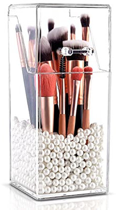QUUPY Clear Makeup Brushes Holder with Lid Acrylic Makeup Brush Jewellery Organiser Storage Holder Jar for Dresser Bedroom Bathroom（(excluding pearl and cosmetic brush) (UPY28626T)