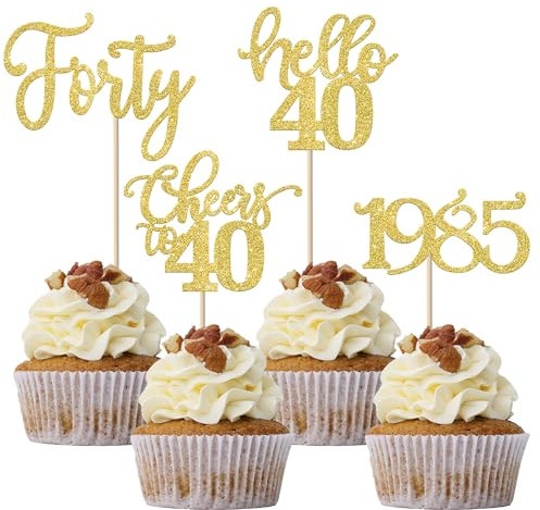 24 Stück 40 Geburtstag Cupcake Toppers Glitter Forty seit 1985 Prost auf 40 Cupcake Picks Hallo 40 Jahre Geburtstagskuchen Dekorationen für glückliche 40 Geburtstag Jubiläum Party Gold