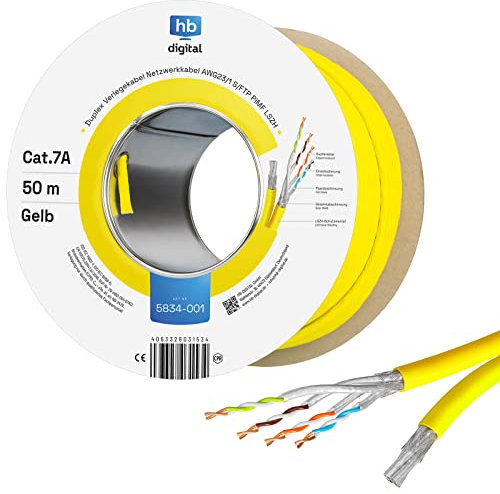 HB-DIGITAL 50m Netzwerkkabel LAN Duplex Verlegekabel Cabel cat.7a max. 1200MHz Reines Kupfer S/FTP PIMF LSZH Halogenfrei RoHS-Compliant AWG23 (2 verbundene Strängen) Gelb