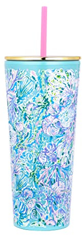 Lilly Pulitzer Soleil It On Me - Vaso de doble pared con tapa y popote reutilizable, taza de viaje aislada con capacidad para 24 onzas,