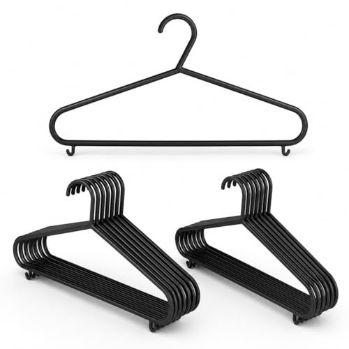 25 Pack Black Plastic Hangers Non-Slip and Sturdy Adults Unisex for All Clothes Coat and Comes With Trouser Bars And Hooks 37.5cm x 20cm