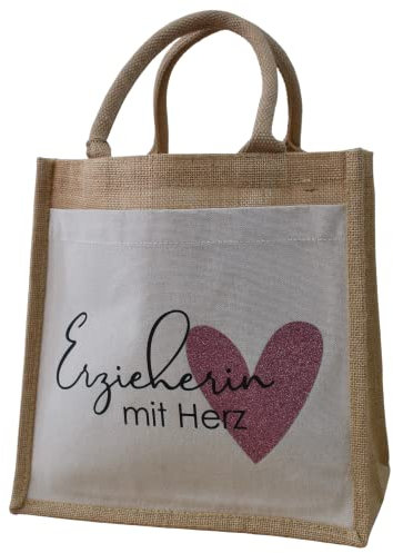 Geschenk für Erzieher | Erzieherin mit Herz | Jutetasche mit Baumwoll-Einsteckfach | Geschenkidee Abschied Lieblingserzieherin | Abschiedsgeschenk oder Geburtstag