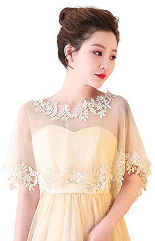 SamHeng Spitzen Umhang Hochzeit Cape für Braut, Damen Bestickte Blume Bolero Schalwickel Schulterbedeckung Tüll Capelets Schal Stola für Abendparty Performance Kostüm Foto Requisiten (Champagner)