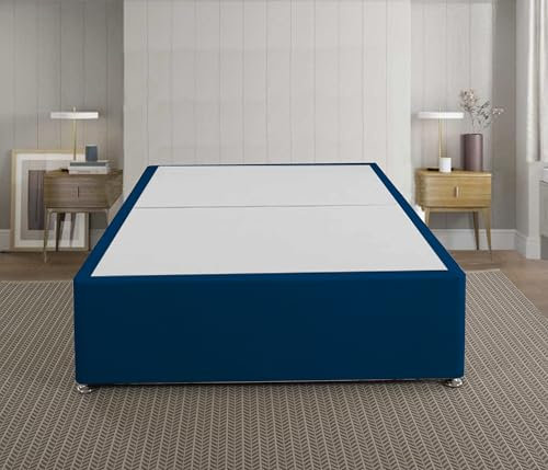 DBZ BEDS 4 FT 6 Double Bed Base - Blue Plush Velvet Divan Bed Base with 2 Drawers Same Side – Chrome Glider Feet and Fabrics