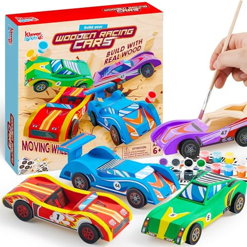 Klever Kits 4 Stück Holz Auto Bastelset Kinder,Kreativ Geschenke für Kinder Jungen 6 7 8 9 10 11 12 Jahren,Auto zum Bemalen und Basteln Holzbastelset Car