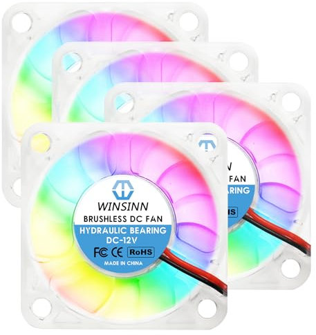 WINSINN 50mm RGB Fan 12V, LED Colorful Micro 24 Volt Fans 5010 Hydraulic Bearing, Brushless Cooling 50x10mm 2PIN, Works with 3D Printer/Computer/Notebook/PC Case/Router/TV Box (Pack of 4Pcs)