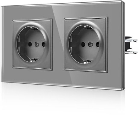 CNBINGO Schuko Doppelsteckdose mit Krallen - Zweifach Wandsteckdose mit Glasscheibe - 16Amp EU-Standard Steckdose Unterputz mit Kindersicherung - 2 Fach Grau