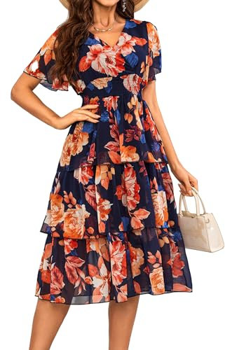 VIDUSSA Women's Floral Summer Dress Casual Short Sleeve Ruffle Tiered Layered Chiffon Flowy Swing Long Midi Dress Party Dresses Floral Navy S