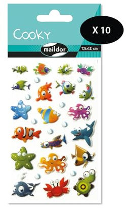 MY MANDARINE 560384Cpack - Packung mit 10 Stickerbögen 3D Stickers Cooky, 290 Stickers, Meerestiere, 1 Pack
