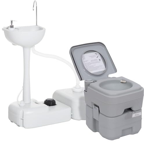 Outsunny Portable Toilet and Camping Sink Set with Running Fresh Water and Waste Tank, Wastewater Recycled Set with Push-button, Foot Pump, Wheels, Soap Dispenser for Outdoor Events