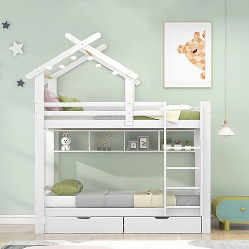 Zravenna Hochbett 90x200, Hausbett für 2 Kinder, Kinderbett mit Leiter und 2 Schubladen, Etagenbett mit Fallschutz und Regale, Kiefernholzrahmen, Weiß (Weiß-2, 90x200cm)