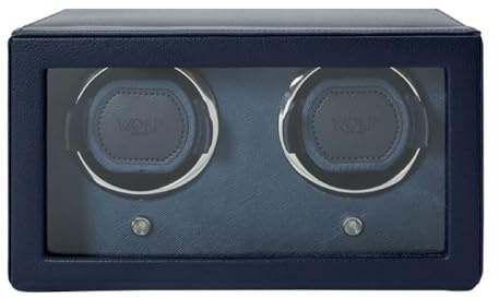 Wolf Cub Double Watch Winder with Glass Cover, Navy - Secure Fit with Patented Lock-in Dynamic Cuff - Accommodates All Wrist Sizes - Vegan Leather - Includes Universal Adapter