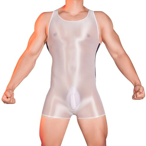 WAZHAKU Herren ÖL Glanz Body Ärmellos Bodysuit Latex Anzug für Männer Einteiler Kompression Unterwäsche Sport Trikot Body Transparent Bodysuit Kurz Ganzanzug Jumspuit Reizwäsche Gymnastikanzug