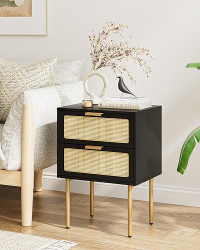 HEYZOEY Bedside Table, Boho Side Table with 2Drawers,Rattan Bedside End Table with God Legs for Bedroom, Living Room and Small Spaces Black
