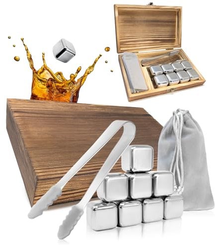 com-four® Whisky Edelstahl Steine Geschenk-Set - 8X Eiswürfel (2,7 cm) mit Edelstahl-Zange und Beutel - Wiederverwendbare Eiswürfel für Whiskey, Gin, Tonic und Cognac (08 Stück mit Geschenkbox)